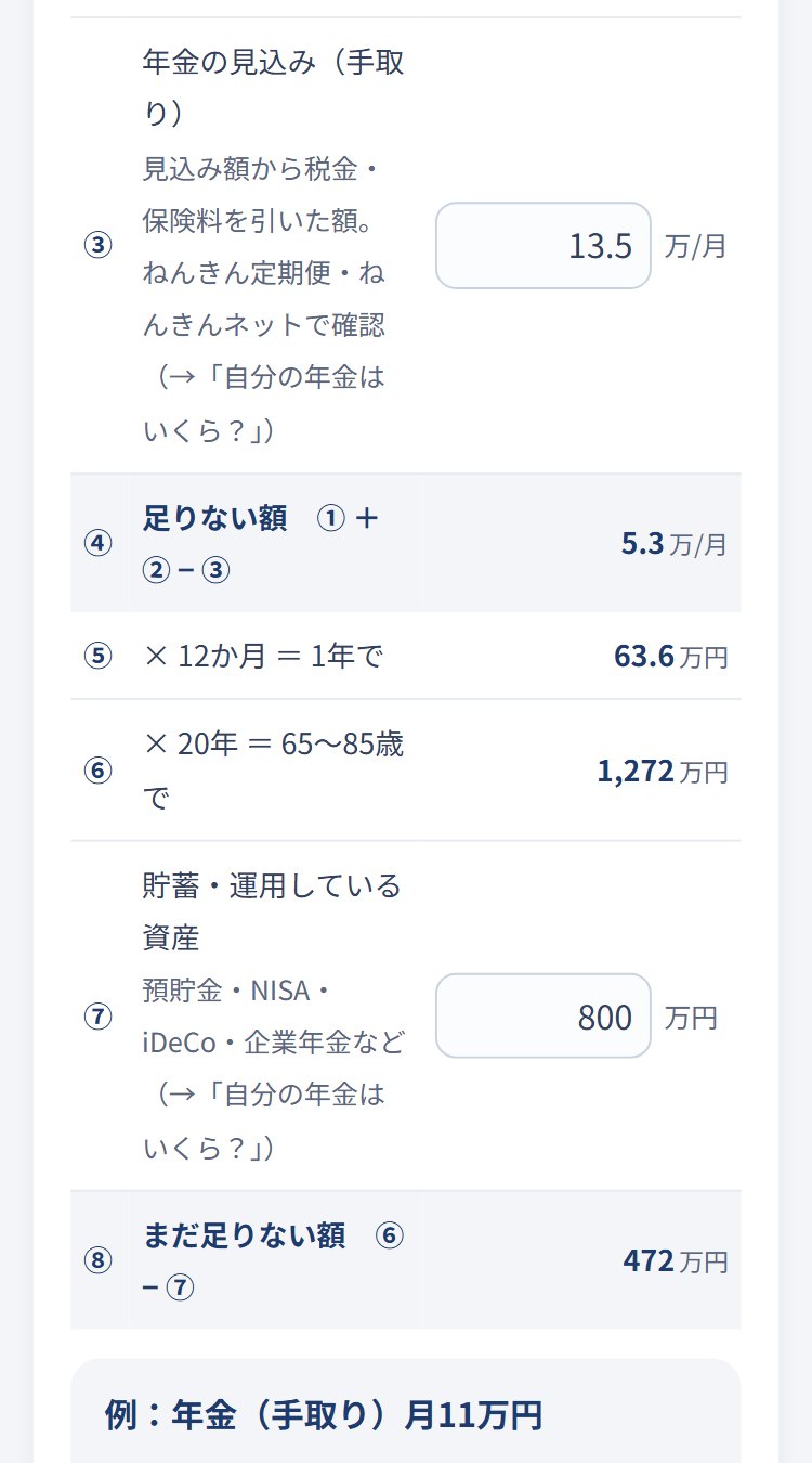 記入例：生活費と年金の見込額から足りない額が計算された画面